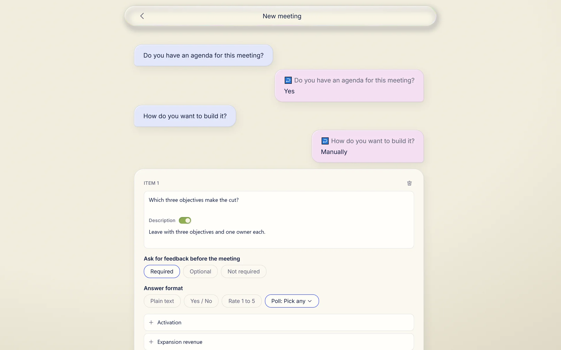 Setting up a meeting: the agenda built in a short chat, with a pick-any poll item