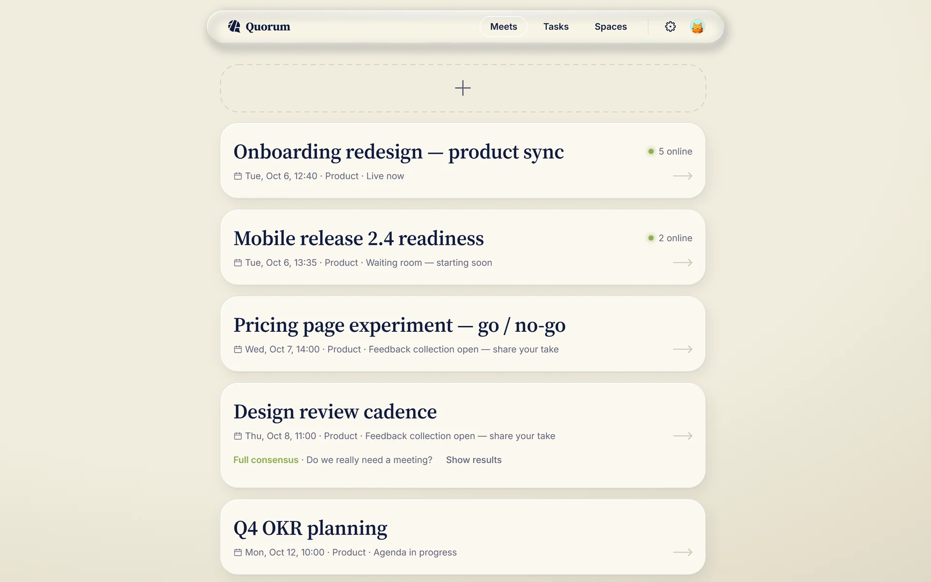Quorum's Meetings list: a live meeting with 5 online, a waiting room, two meetings collecting feedback (one at full consensus) and one being set up