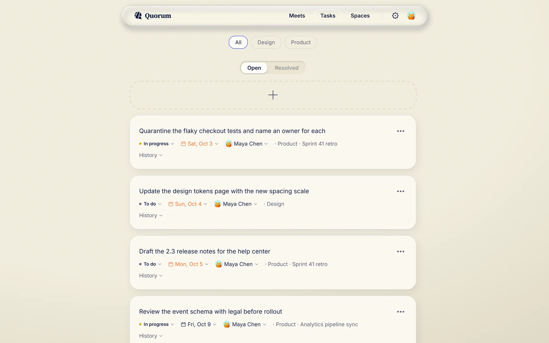Tasks: action items from meetings, due soonest first, overdue dates in orange